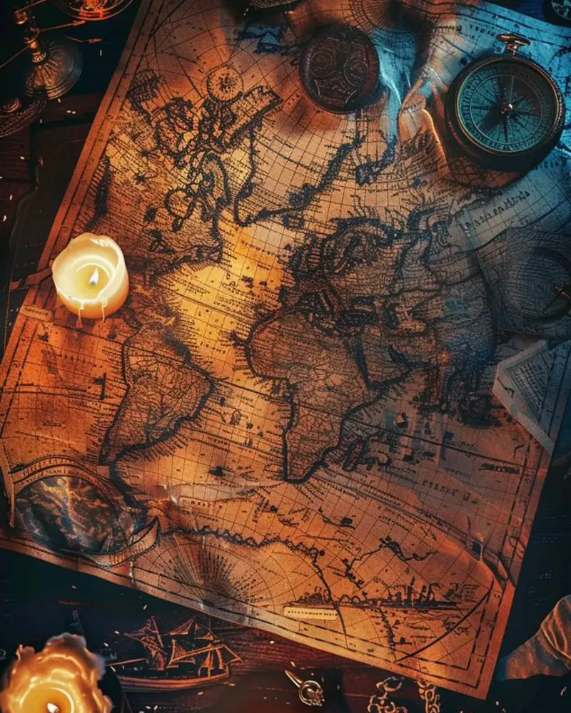Carte ancienne du monde avec instruments cartographiques